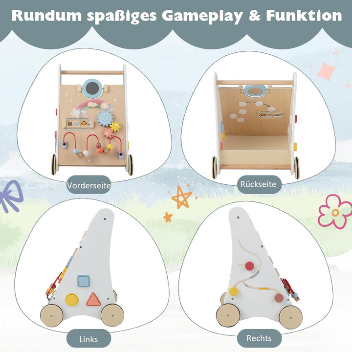 DREAMADE Lauflernwagen Holz, Lauflernhilfe ab 1 Jahr, Baby Gehhilfe mit Spiegel & Spielzeug, Gehfrei