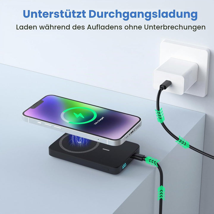 Magnetische Powerbank 10800mAh, PD 20W Schnellladung Wireless Power Bank mit USB-C Eingänge & Ausgan