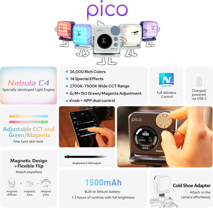 Nanlite Pico Tragbares LED-Fülllicht – Vollfarb-RGB, Snap-On-Aufsatz für Telefon-/Kamera-Fotografie,