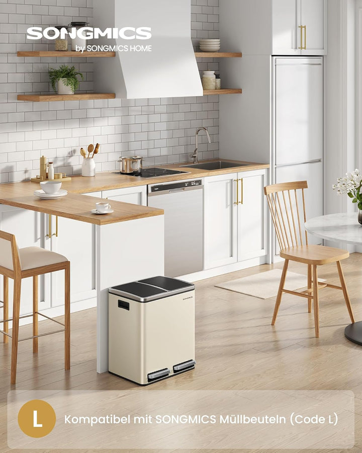 SONGMICS Küchenmülleimer, 2 x 15 l, Doppeleimer für Recycling und Abfall, Treteimer mit zwei Fächern