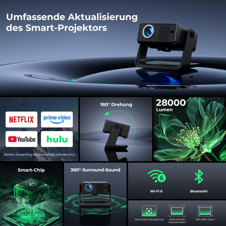 28000 Lumen Smart Beamer, Kompatibel mit Netflix Einyoumily Beamer 1080P, WiFi 6 und Bluetooth, Elek