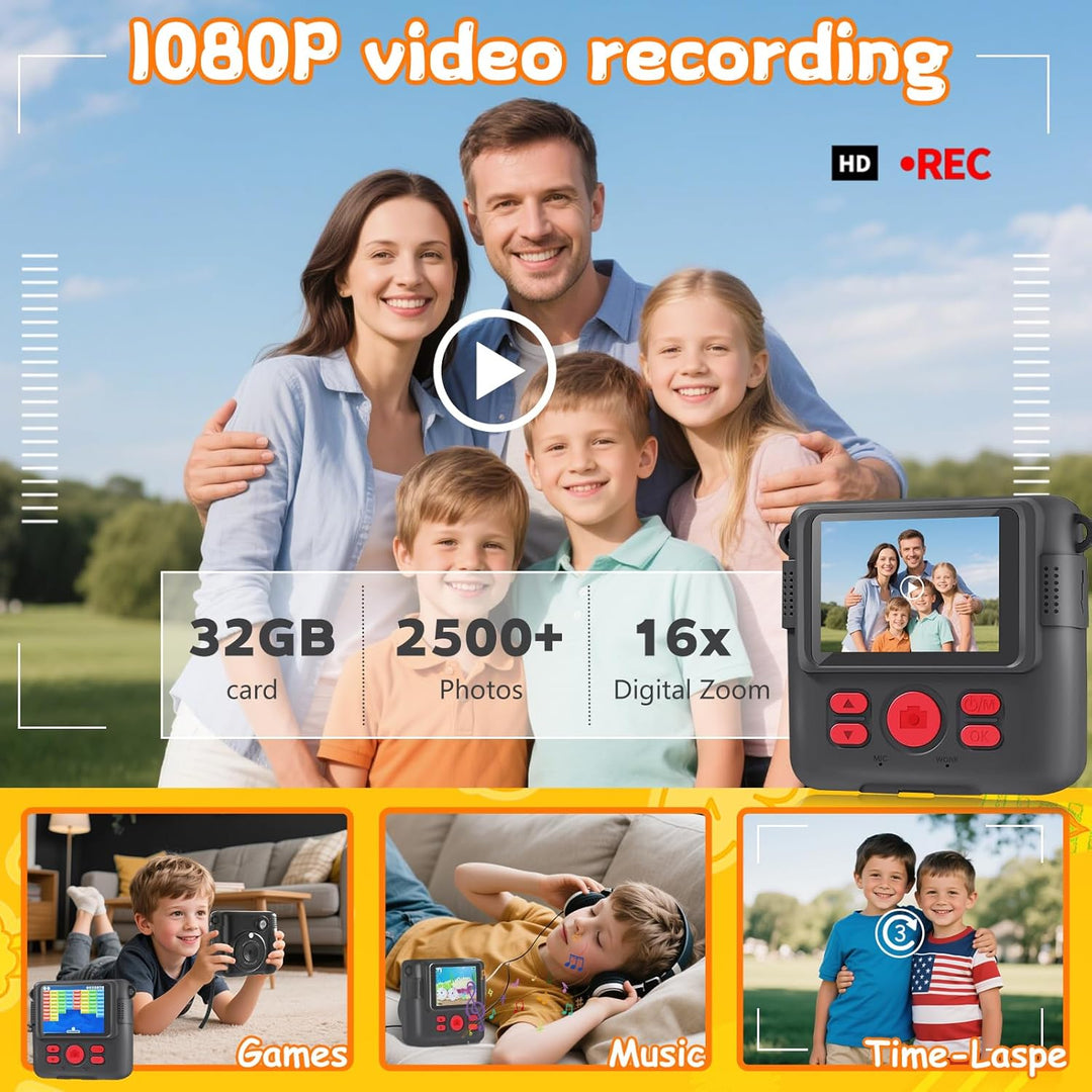 Kinderkamera Sofortbildkamera, 1080P HD Digitalkamera Kinder mit 2,4 Zoll 32G Karte und Fotopapier D