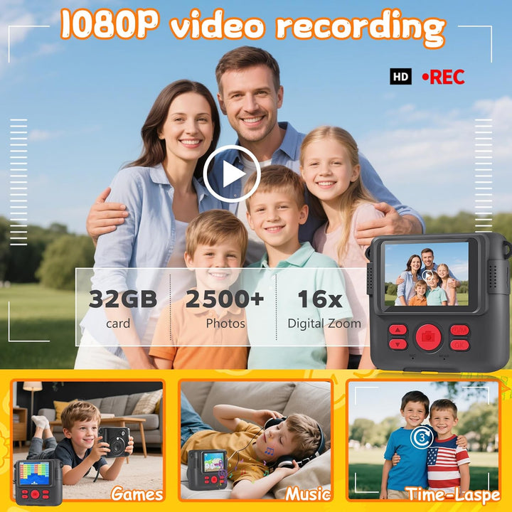 Kinderkamera Sofortbildkamera, 1080P HD Digitalkamera Kinder mit 2,4 Zoll 32G Karte und Fotopapier D