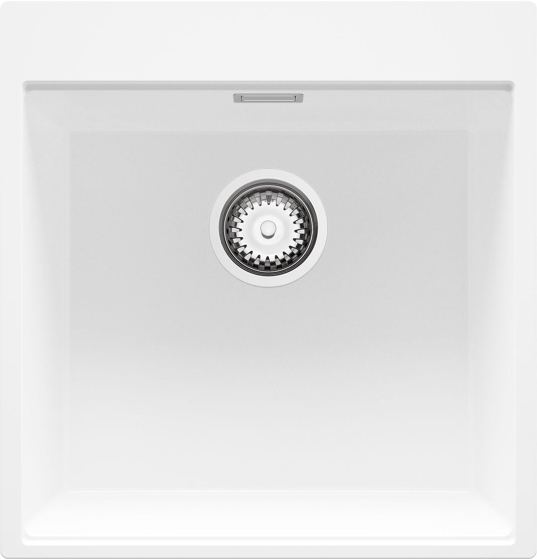 PRIMAGRAN Granitspüle Weiss 48x50cm, Granitspüle 1 Becken + Ablauf-Set, Küchenspüle ab 50er Untersch