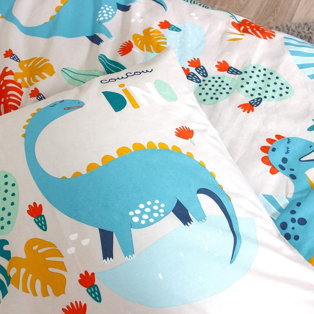 CÔTE DECO Wendebettwäsche für Kinder, Motiv: Dinosaurier, Grün, Bettbezug 140 x 200 cm + 1 Kissenbez