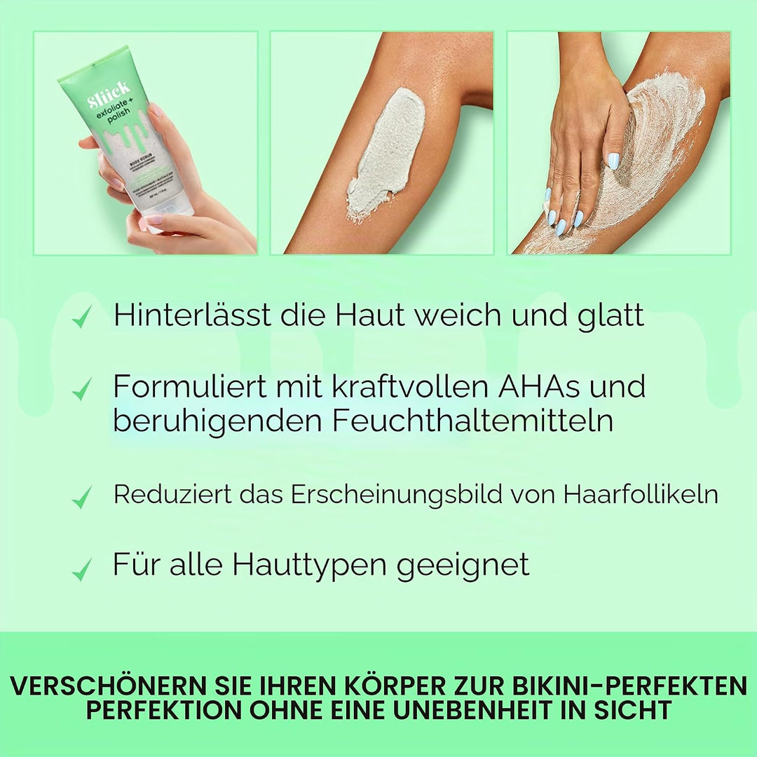 Sliick Exfoliate & Polish Body Scrub Bimsstein und Glykolsäure vor und nach dem Wachsen