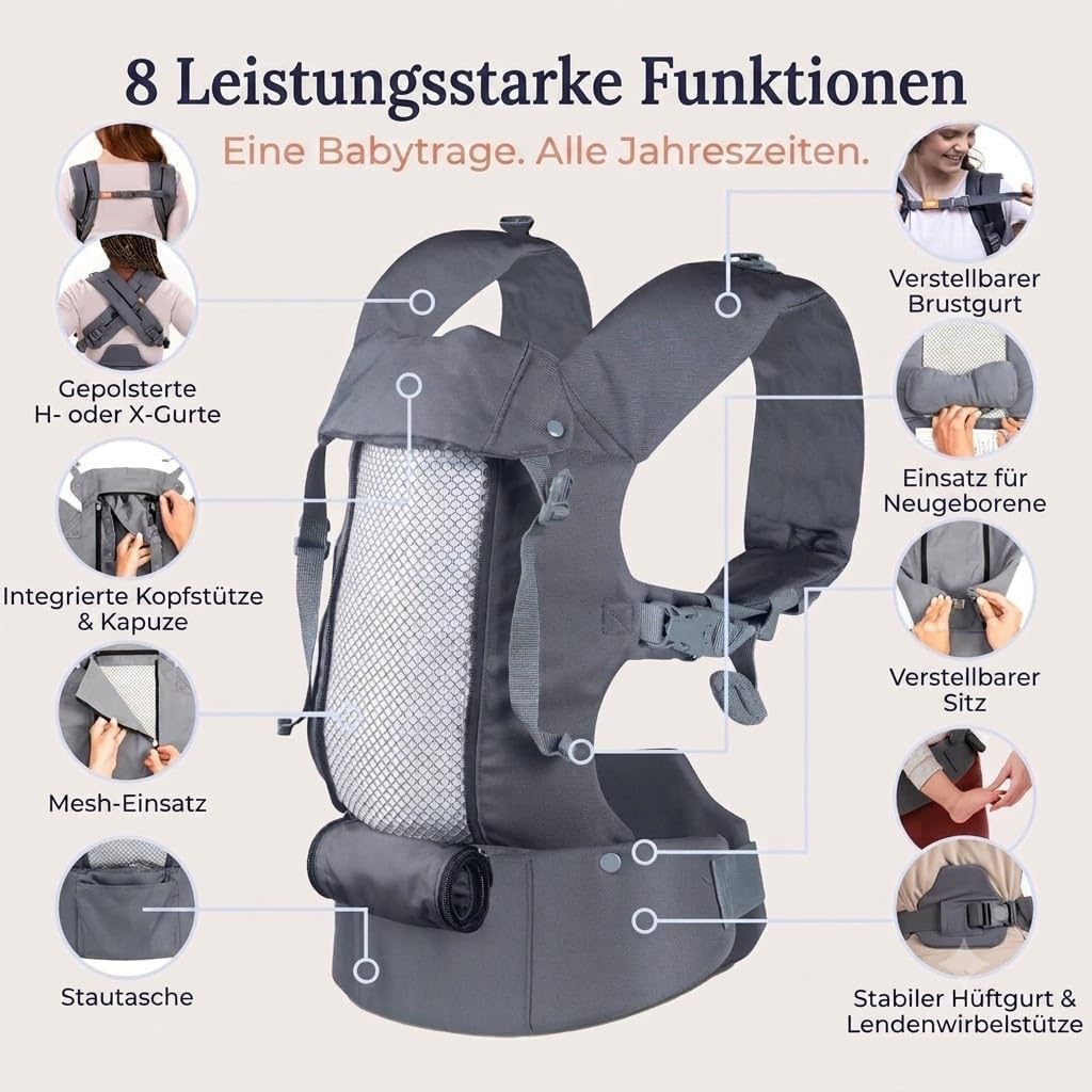Beco 8 Babytrage Neugeborene ab Geburt bis Kleinkind - Hybrid Baby Trage mit verstellbarem Sitz - Ba