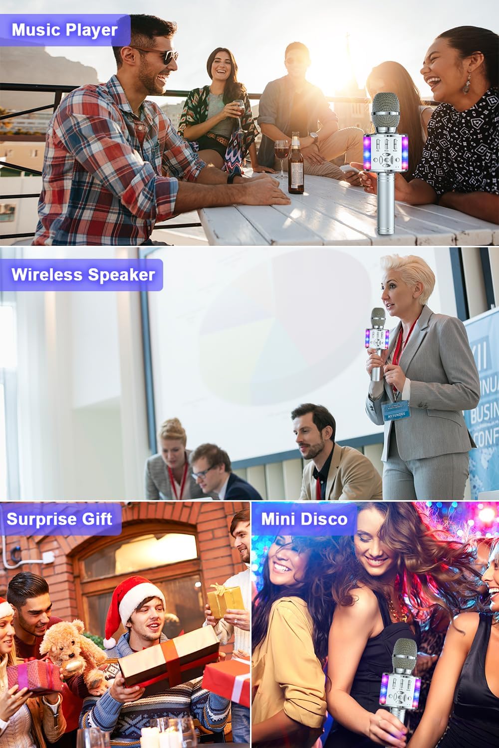 BONAOK Karaoke Mikrofon Bluetooth, 4 in 1 Drahtlos Karaoke Mikrofone, LED Kinder Karaoke Mikrofon La
