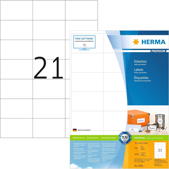 HERMA 4616 Adressetiketten, 200 Blatt, 70 x 42,3 mm, 21 Stück pro A4 Bogen, 4200 Aufkleber, selbstkl