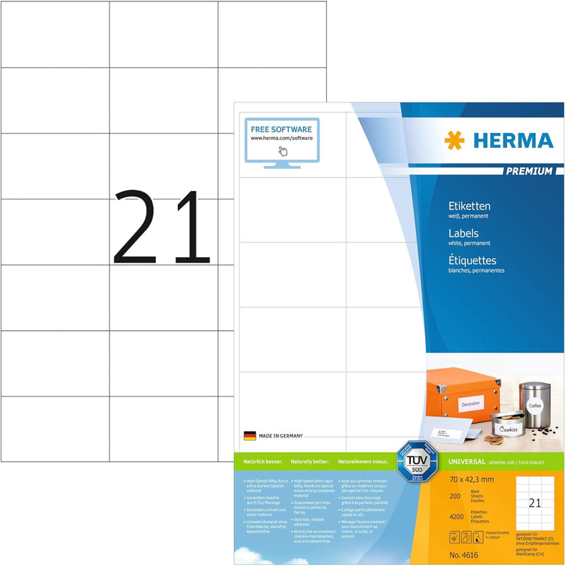 HERMA 4616 Adressetiketten, 200 Blatt, 70 x 42,3 mm, 21 Stück pro A4 Bogen, 4200 Aufkleber, selbstkl