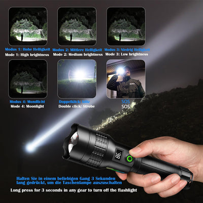 ASORT LED Taschenlampe Aufladbar, Extrem Hell 500000 Lumen, Zoombare, 6 Modi, IP67 Wasserdicht, Perf