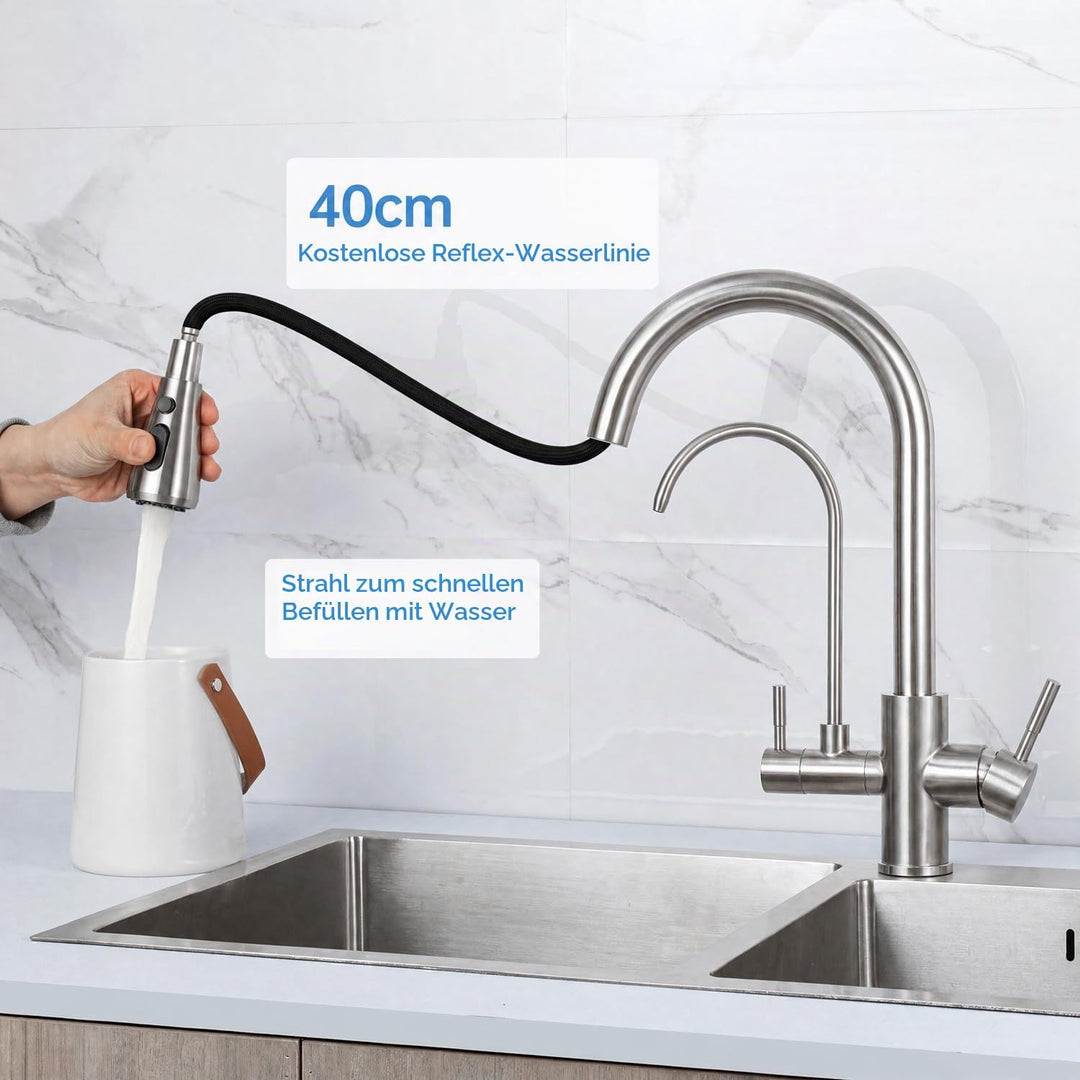 3 Wege Wasserhahn Edelstahl, 360° Drehbar Trinkwasserhahn mit Ausziehbarer Handbrause, 3 in 1 Küchen