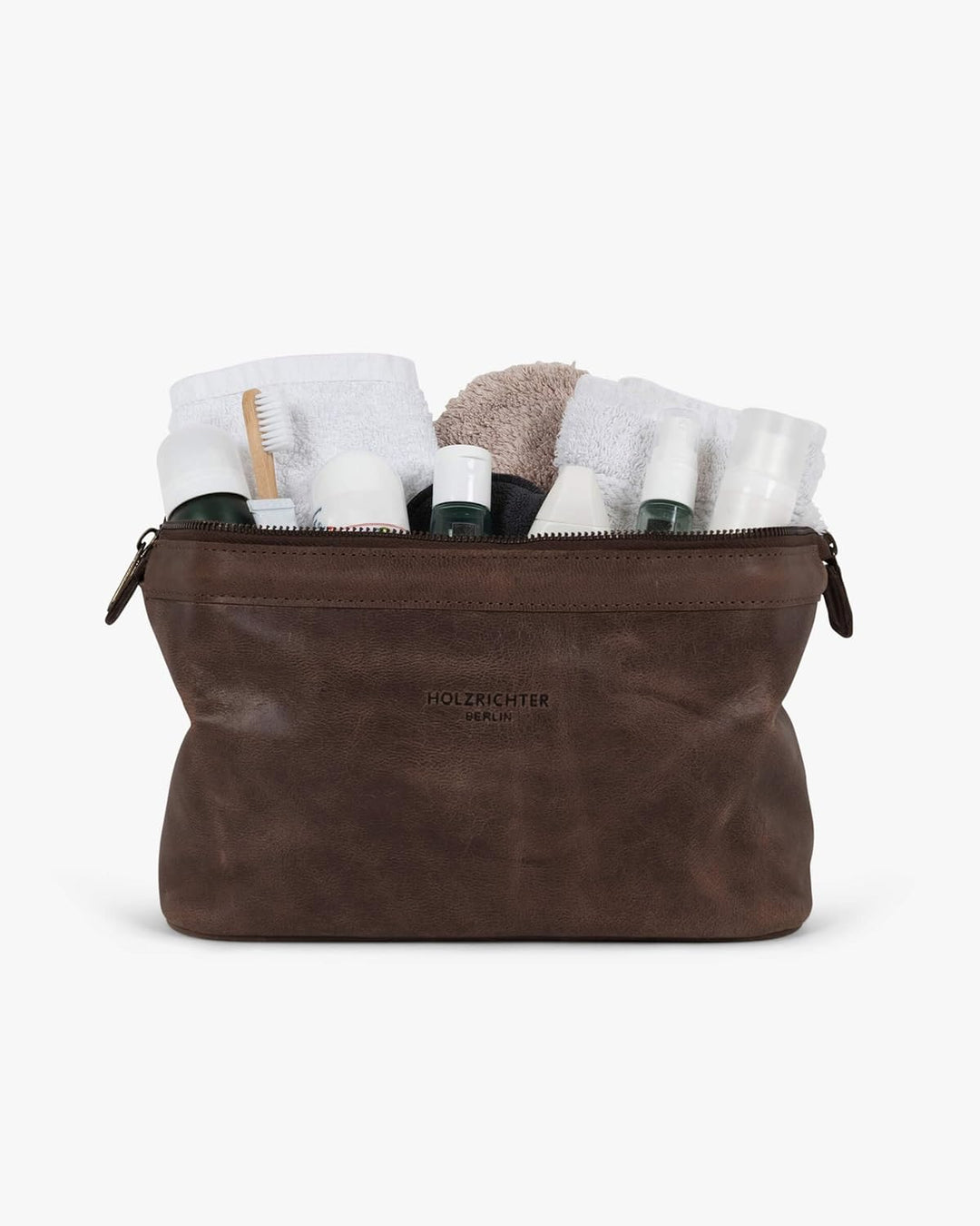 HOLZRICHTER Berlin Kulturbeutel No 5-1 (M) dunkel-braun - Grosse, hochwertige Kulturtasche handgefer