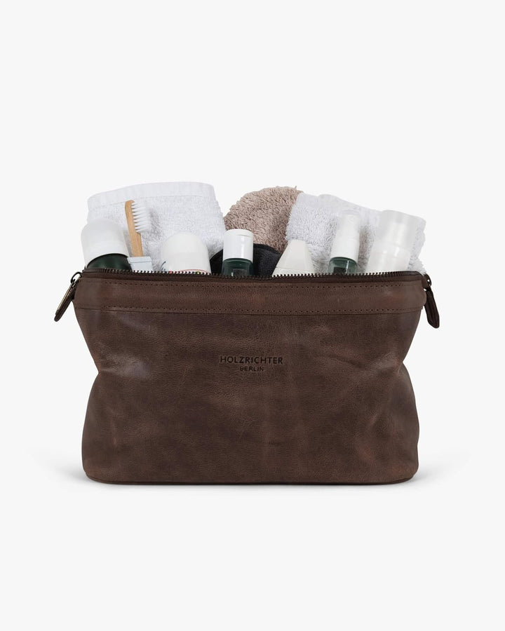 HOLZRICHTER Berlin Kulturbeutel No 5-1 (M) dunkel-braun - Grosse, hochwertige Kulturtasche handgefer