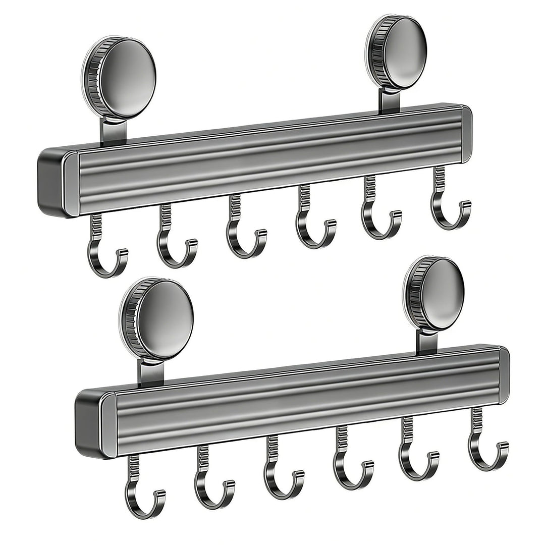 2 Stück Hakenleiste Küche ohne Bohren, Saugnapf Küchenstange aus Aluminiumlegierung, 6 bewegliche Ha