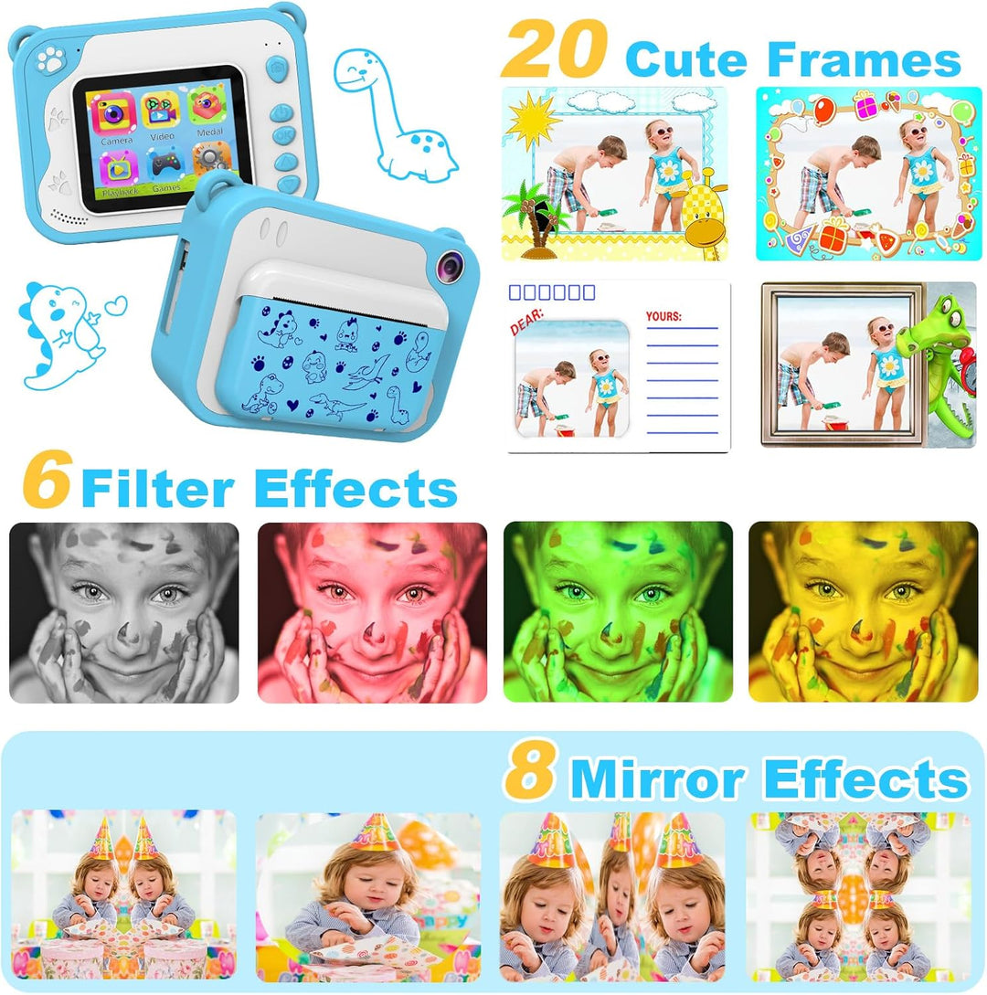 KinderKamera- DigitalKamera Sofortbildkamera Print 1080P 2.4 Zoll Bildschirm Videokamera Schwarzweis