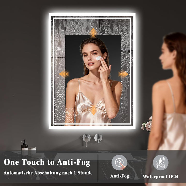 Badspiegel-mit-Beleuchtung 70x100cm: LED Badezimmer-Spiegel Badezimmerspiegel mit Beschlagfrei, Touc