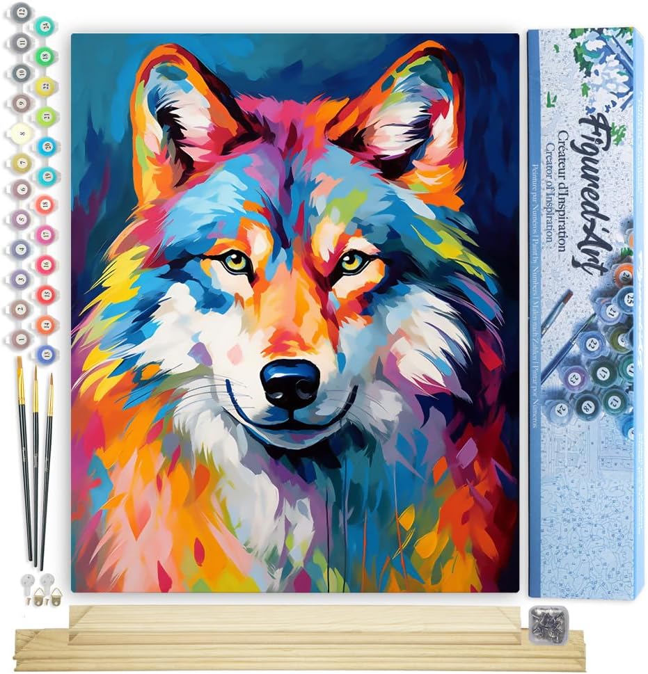 Figured'Art Malen Nach Zahlen Erwachsene Mit Rahmen Wolf Farbenfroh Abstrakt - Paint by Numbers Bast