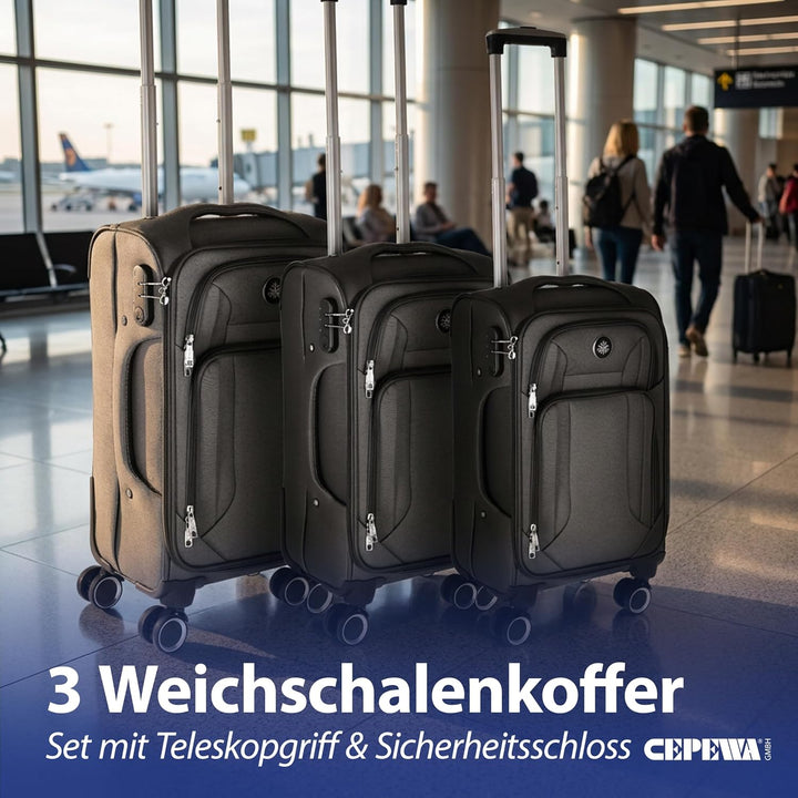Cepewa Kofferset 3er Set aus Stoff | schwarz 3 Grössen Nylon | Teleskopstange Doppelrolle Zahlenschl