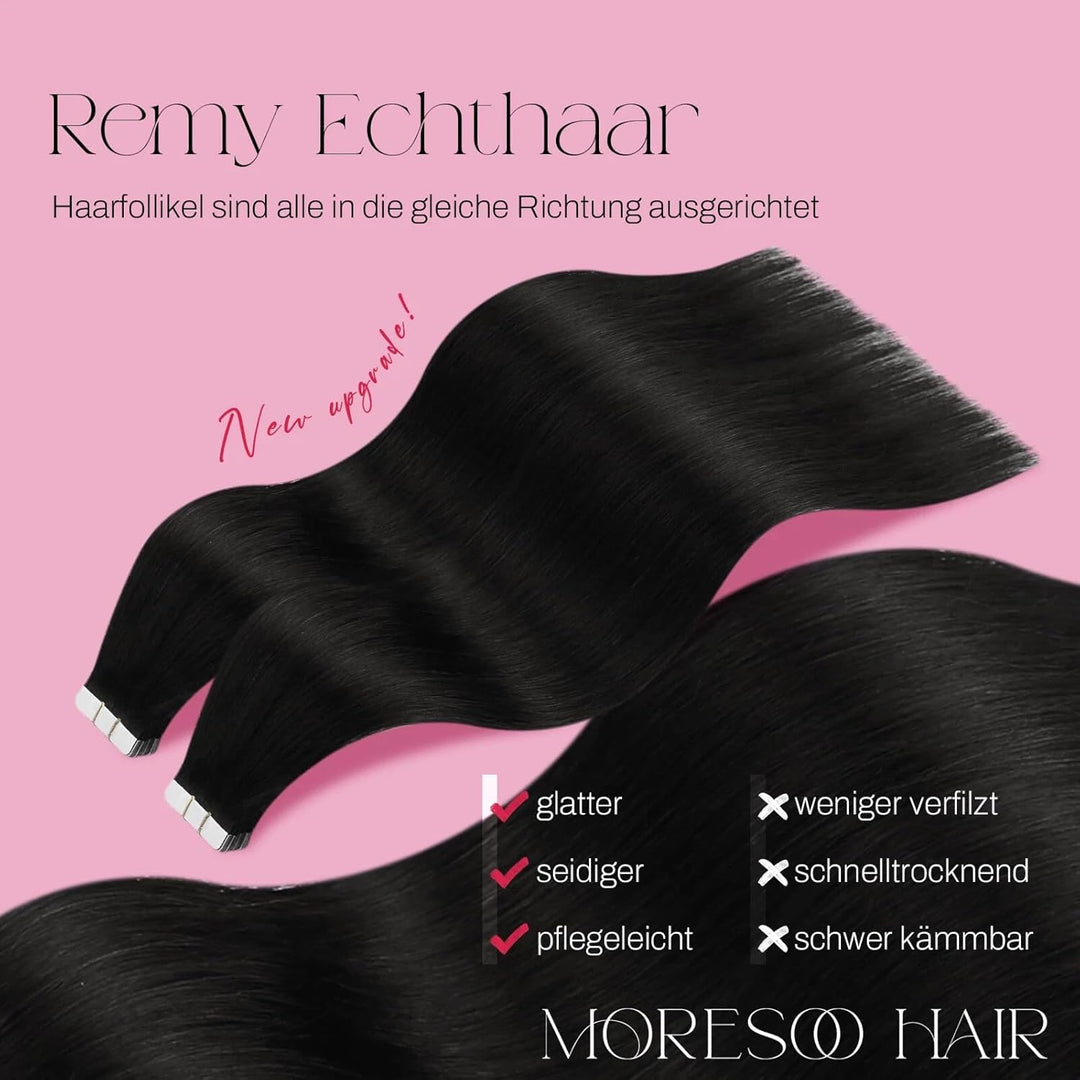 Moresoo Tape in Extensions Echthaar 55 cm Haarverlängerung Echthaar Tapes Natürliches Schwarz Invisi