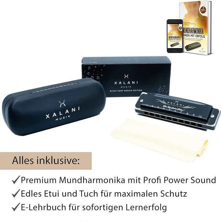 XALANI Mundharmonika Genius Edition inkl. Etui und Pflegetuch I Bonus: E-Book gratis I G-Dur Blues H