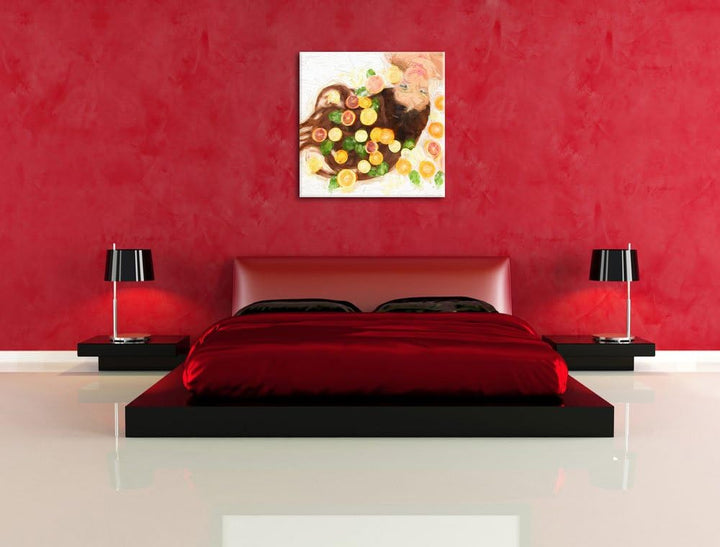 Pixxprint Hübsche Frau mit Obstscheiben als Leinwandbild/Grösse: 70x70 cm/Wandbild/Kunstdruck/fertig