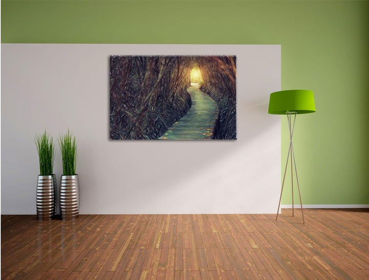 Pixxprint Gehweg im Wald / 100x70cm Leinwandbild bespannt auf Holzrahmen/Wandbild Kunstdruck Dekorat