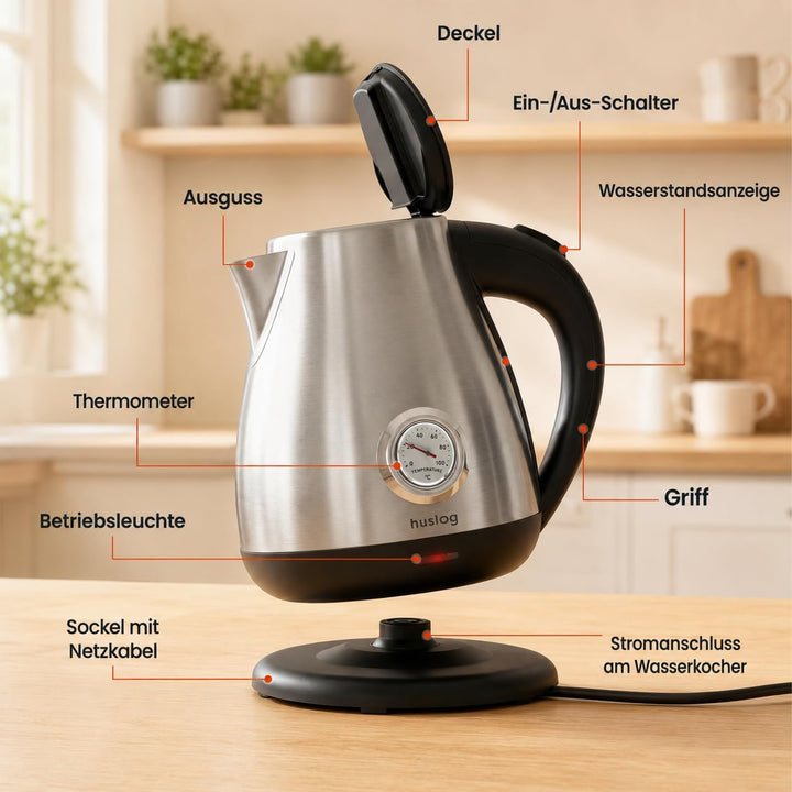 Retro Wasserkocher 1,7L aus Edelstahl, 2200W, mit Temperaturanzeige, Schnellkochfunktion, kabellos m
