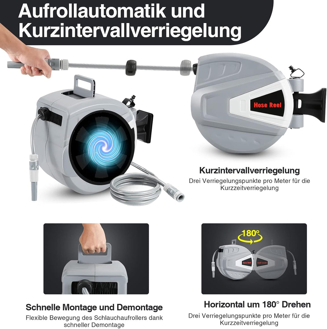 Schlauchtrommel 20m+2m mit Handbrause und Gartenschlauch, Schlauchaufroller 180° Schwenkbügel, Autom