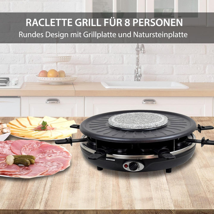 Syntrox Germany RAC-1350W-Waadt 4 in 1 Raclette Grill Fondue Heisser Stein für 8 Personen, Edelstahl