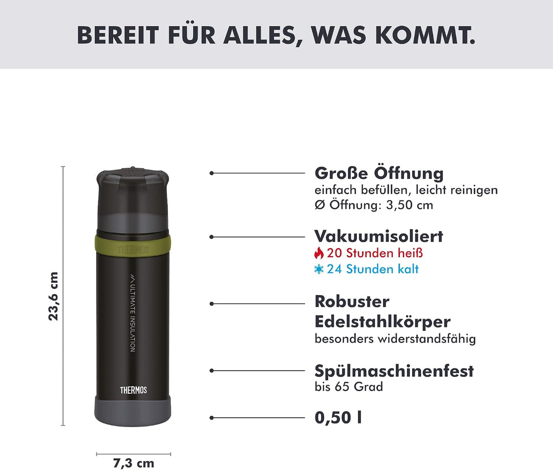 Thermos Mountain Beverage Bottle 0,50l, Black, Thermosflasche Edelstahl mit Trinkbecher, 24 h heiss