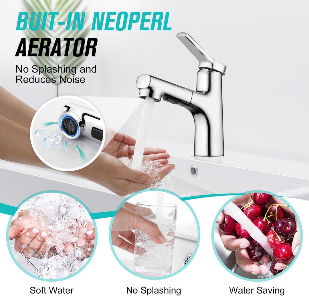 CREA Modern Waschtischarmatur Badezimmer mit 2 Wasserstrahlarten Brause ausziehbar, Einhebelmischer