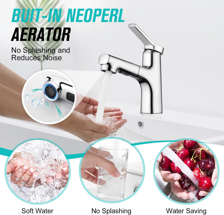 CREA Modern Waschtischarmatur Badezimmer mit 2 Wasserstrahlarten Brause ausziehbar, Einhebelmischer
