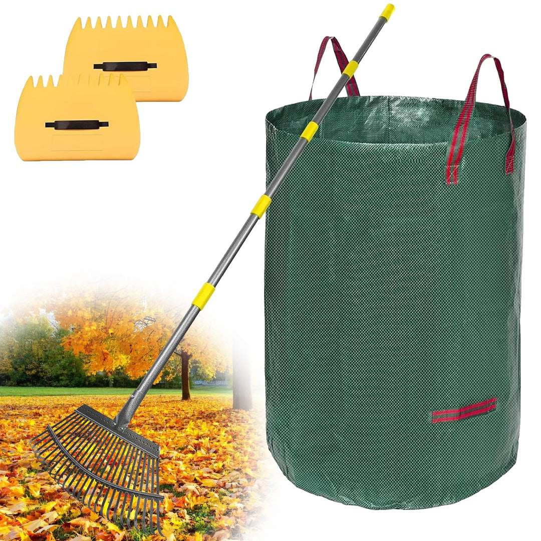 Rechen, Gartenlaubrechen Set - mit 32 Gallonen Laubsäcken und 2 Laubschaufeln, 166cm Laubrechen mit