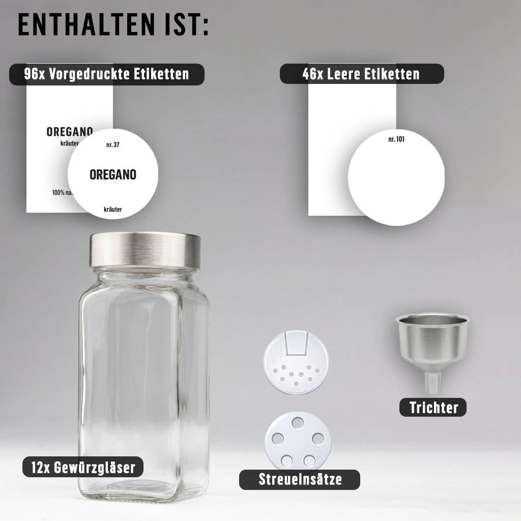 Deco haus® Gewürzgläser eckig luftdicht 12er Set [inkl. Etiketten & Streueinsatz] - Gewürzdosen Set