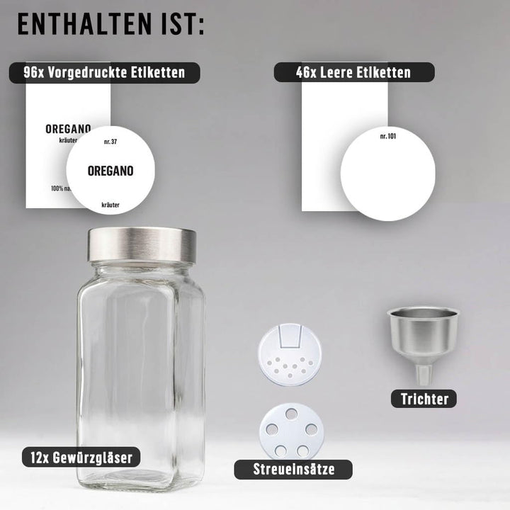 Deco haus® Gewürzgläser eckig luftdicht 12er Set [inkl. Etiketten & Streueinsatz] - Gewürzdosen Set
