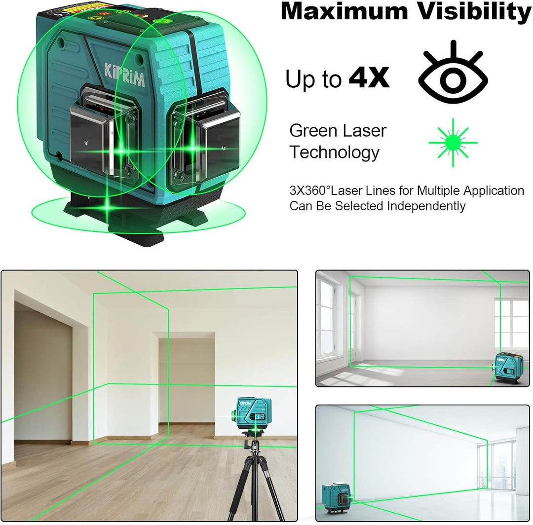 Kiprim 3x360 Professional Linienlaser 12 Linien 40M Grün Selbstnivellierender Kreuzlaser mit 3 Modi,