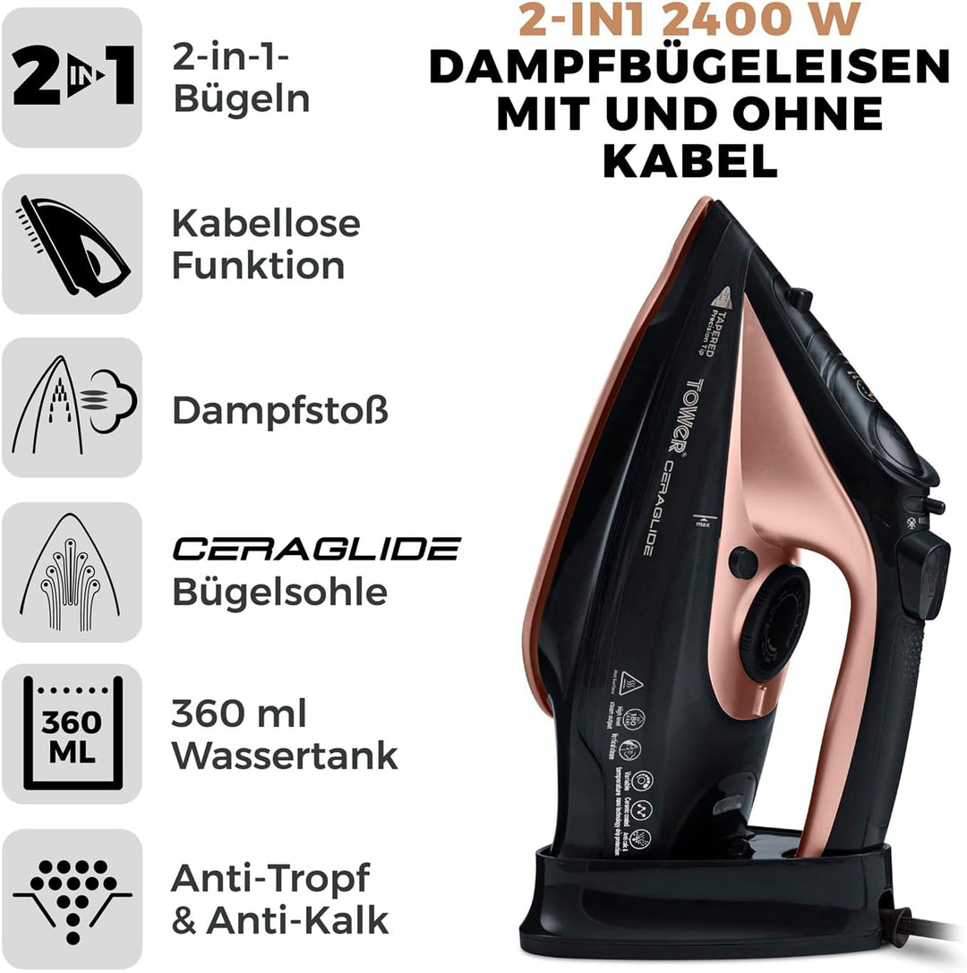Tower T22008 CeraGlide Kabelloses Dampf Bügeleisen mit Keramiksohle - Dampfbügeleisen mit Variabler