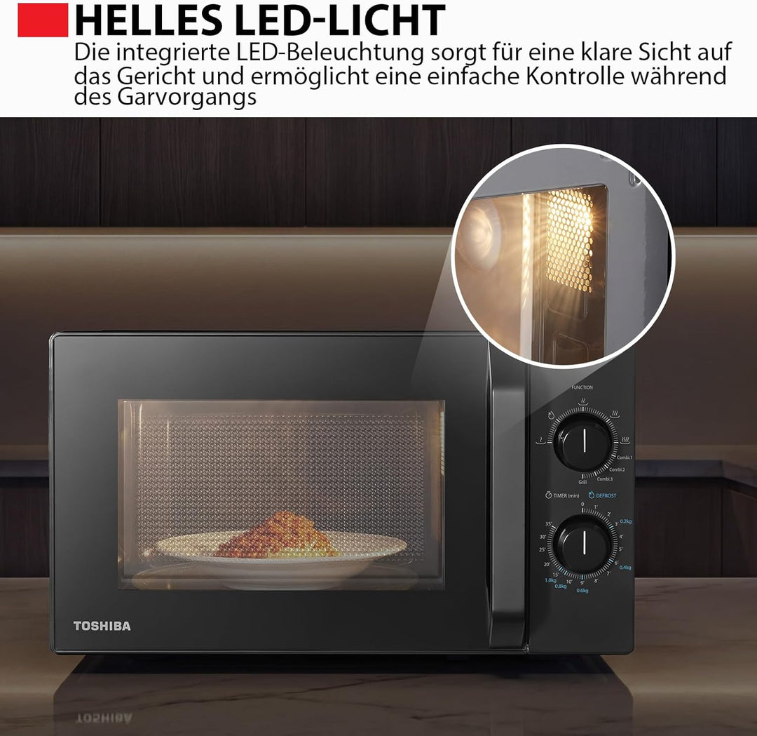 Toshiba MW2-MG20PE(BK) Mikrowellenherd 700 W mit knuspriger Grill- & Kombigarfunktion, 5 Leistungsst
