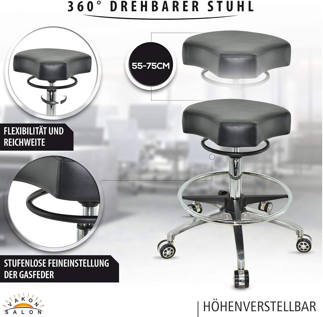 VAKON SALON - Design ergonomischer Rollhocker auf hochwertigen Rollen und Fussring schwarz - Höhenve