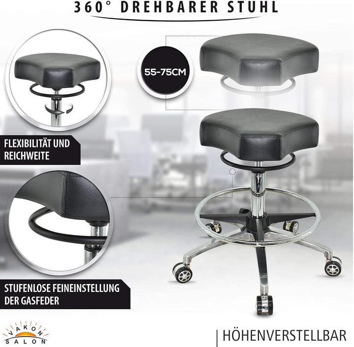 VAKON SALON - Design ergonomischer Rollhocker auf hochwertigen Rollen und Fussring schwarz - Höhenve