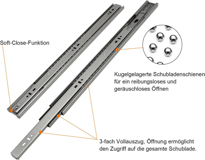 Ansobea Schubladenschienen 600mm, Kugelführungen mit 45 kg Tragkraft Vollauszüge, Schubladenauszug T