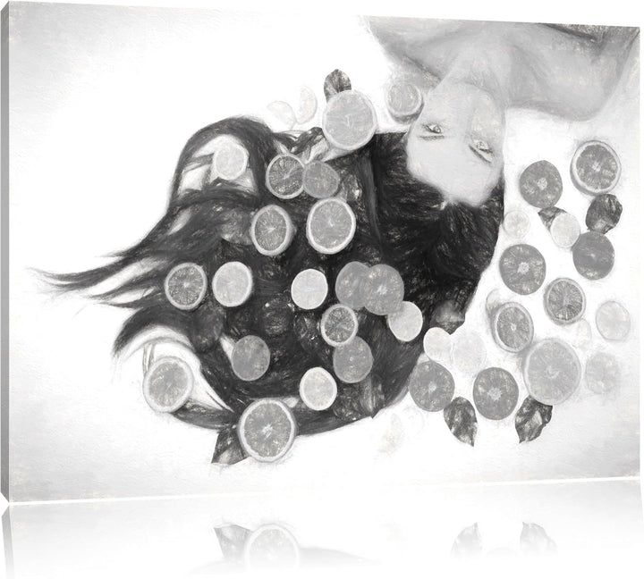 Pixxprint Hübsche Frau mit Obstscheiben Kohle Zeichnung Effekt, Format: 100x70 auf Leinwand, XXL rie
