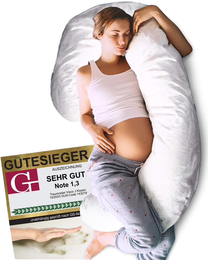 Traumreiter Seitenschläferkissen Visco J-L mit Bezug Weiss. Hybrid Kissen + 1cm Memory Foam. J Form