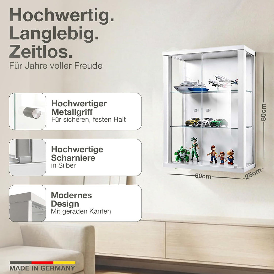 K-Möbel Hängevitrine Glas in Weiss (80x60x25 cm) mit 2 höhenverstellbaren Glasböden - Modellauto - V