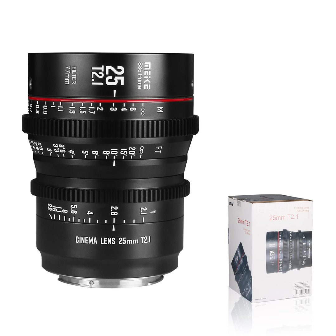 Meike 25 mm T2.1 S35 Manueller Fokus Weitwinkel Prime Cinema Objektiv für Canon EF Mount und Cine Ca