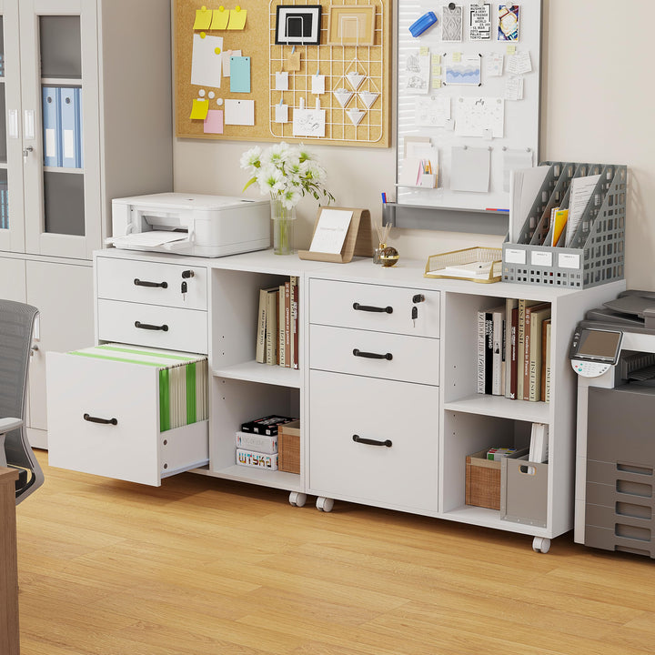 OC Orange-Casual 2er Aktenschrank mit 3 Schubladen und 2 Ablagen, 2 TLG-Mobiler Druckertisch mit Rol