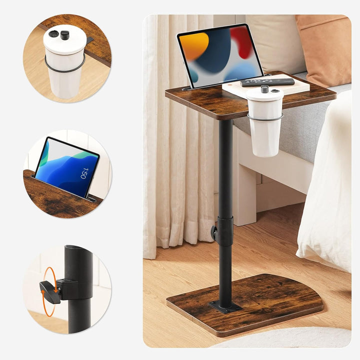 HOOBRO C-Form Beistelltisch Höhenverstellbar von 45,5-78 cm, 360° drehbarer Sofatisch mit Getränkeha