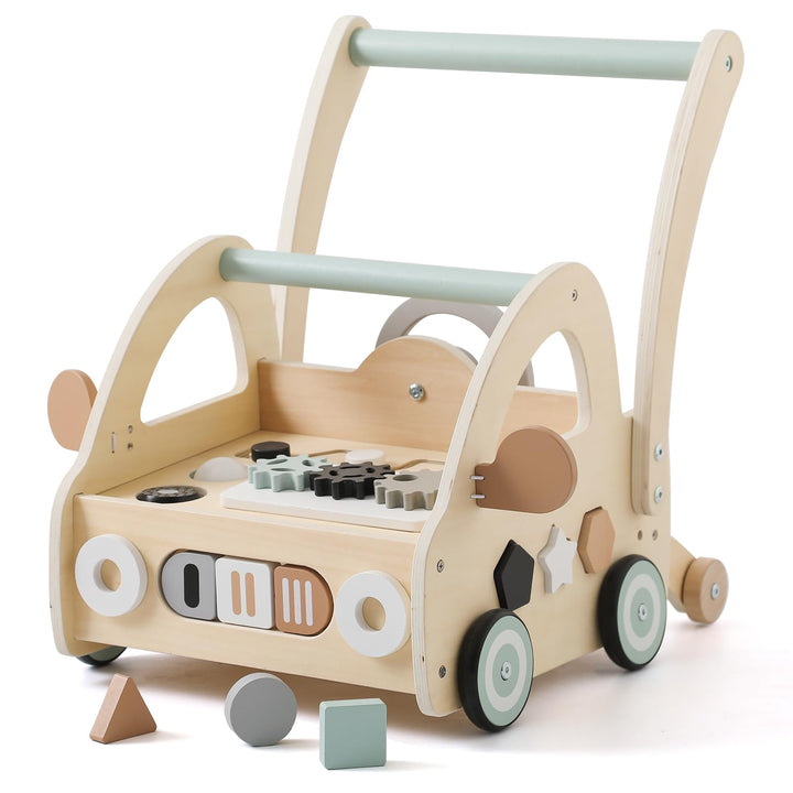 Lauflernwagen Holz, Multifunktion Montessori Spielzeug mit Formensortierung Spielbrett, Lauflernhilf