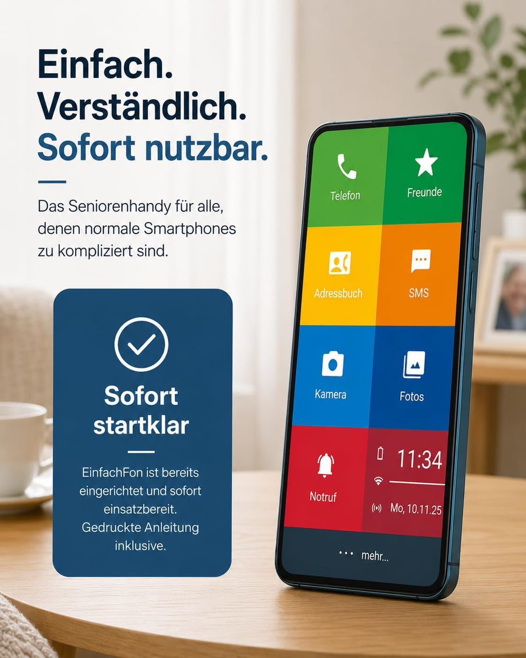 Senior - Smartphone Handy für Senioren – Einfache Bedienung, Grosse Tasten, Notruf, Kamera